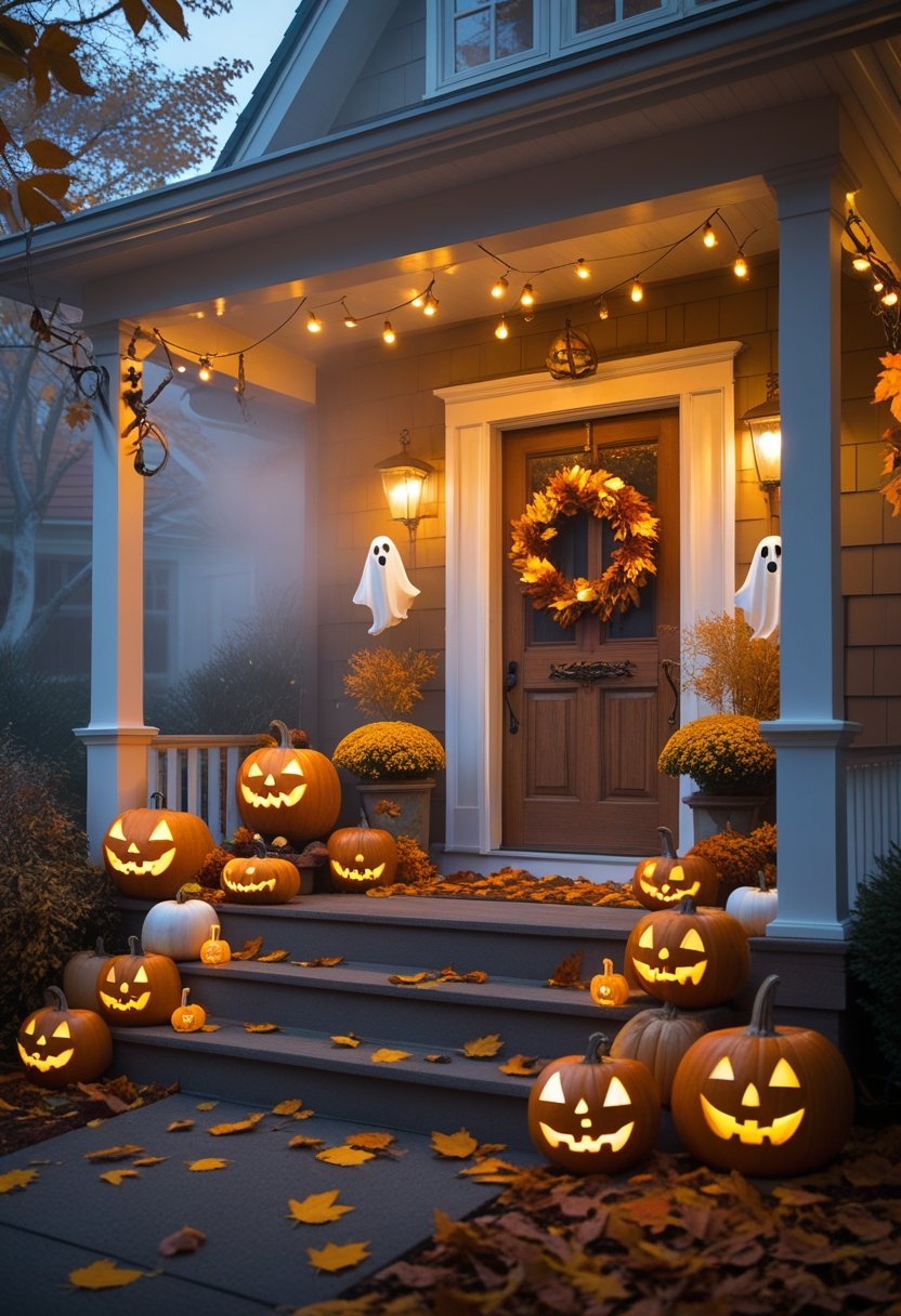 A house porch decorated with carved pumpkins, hanging ghost ornaments, autumn leaves, and warm string lights during Halloween.