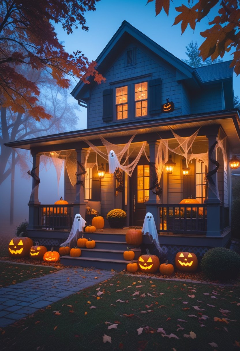 A cozy house decorated with glowing jack-o'-lanterns, ghost figures, cobwebs, and autumn leaves under eerie lighting during twilight.