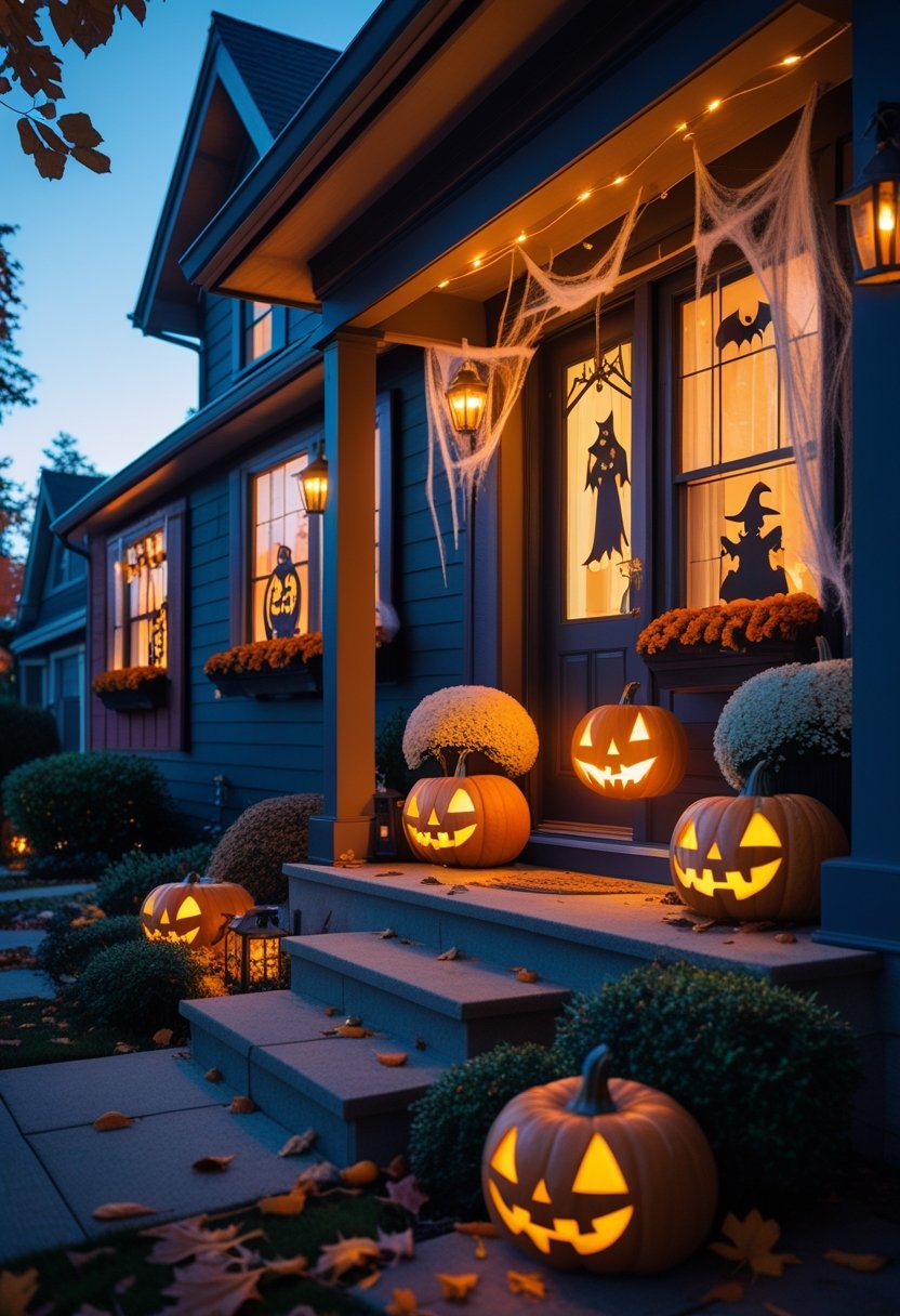 Cozy house decorated with pumpkins, ghosts, cobwebs, and Halloween decorations on walls and windows, surrounded by autumn leaves.