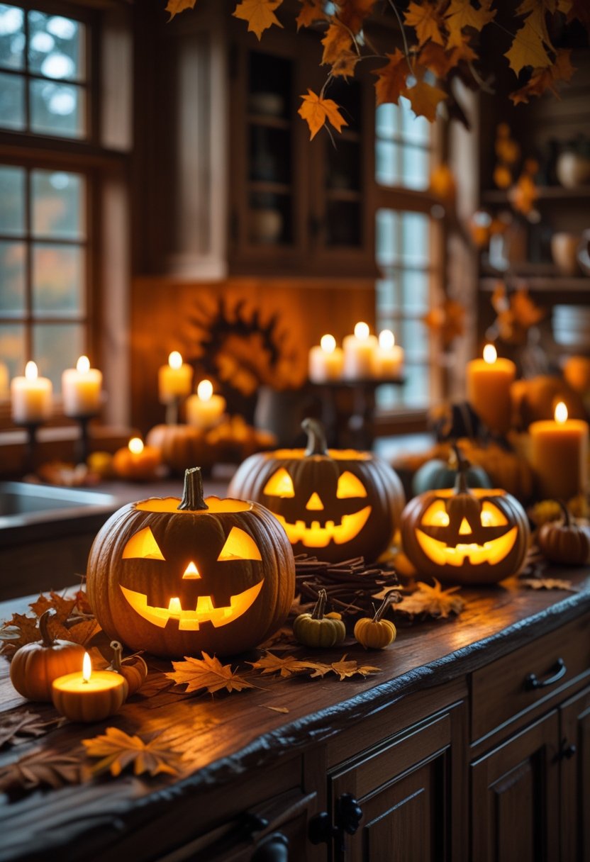 A cozy kitchen with glowing jack-o’-lanterns, autumn decorations, and warm candlelight on a wooden countertop.