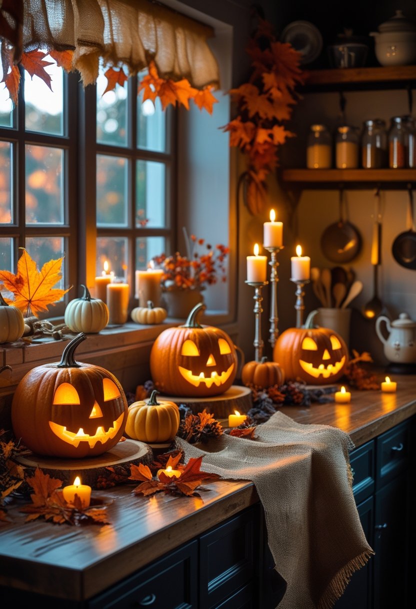 A kitchen decorated with glowing Jack-o’-lanterns, pumpkins, autumn leaves, and candles creating a warm Halloween atmosphere.