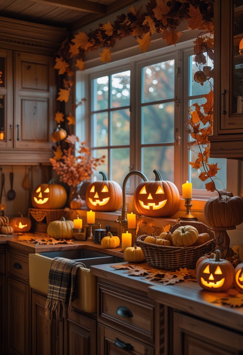 A cozy kitchen with glowing carved pumpkins, candles, and autumn decorations on wooden countertops.