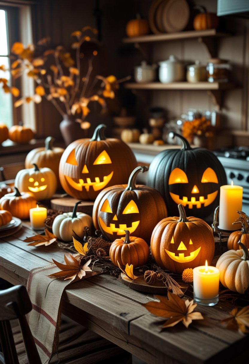 A warm kitchen scene with carved and faux pumpkins, mini pumpkin accents, glowing candles, and autumn decorations on a rustic wooden table.