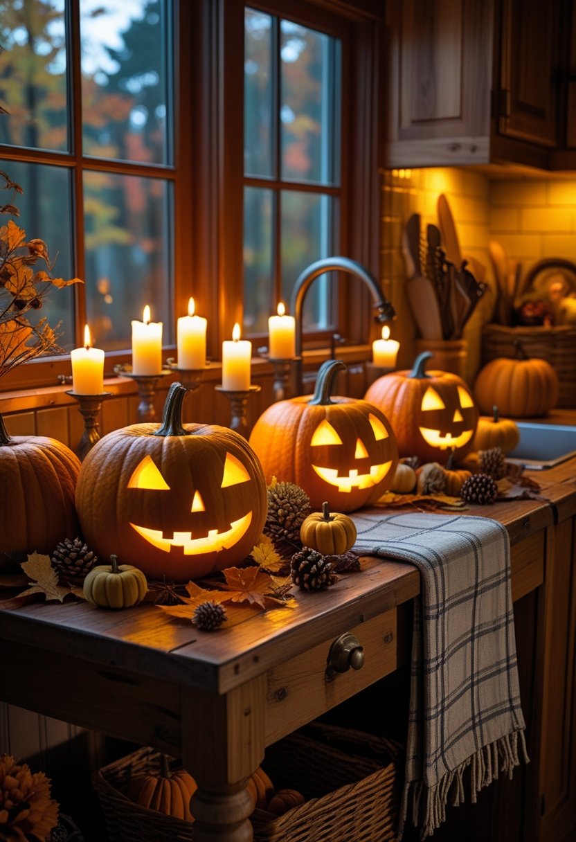 A cozy kitchen decorated for Halloween with glowing jack-o’-lanterns, lit candles, and autumn decorations on a wooden table.
