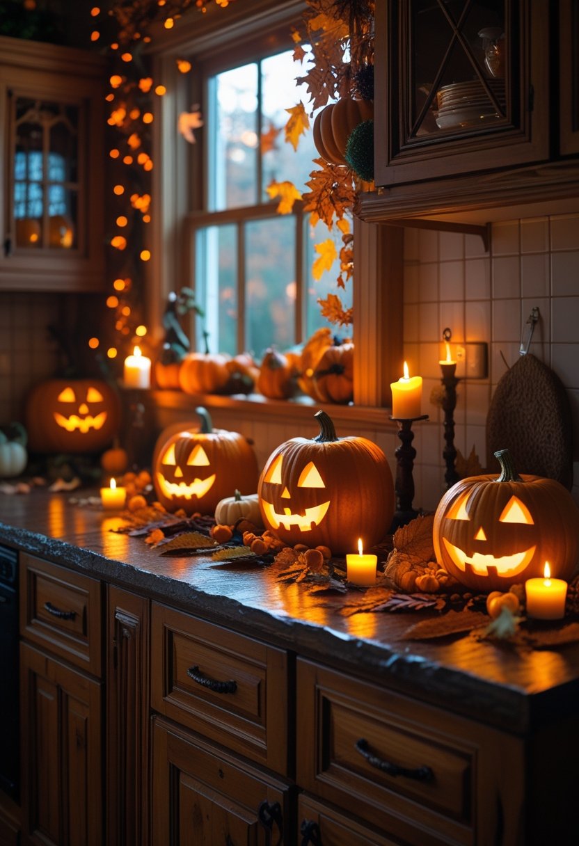 A cozy kitchen decorated with glowing jack-o’-lanterns, candles, and autumn leaves on a wooden countertop.