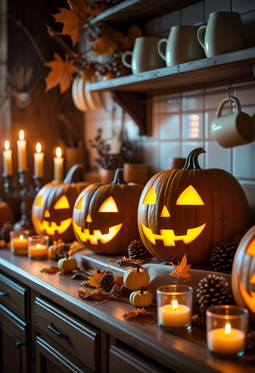 A kitchen countertop decorated with glowing carved pumpkins, candles, dried leaves, and autumn gourds creating a warm Halloween scene.