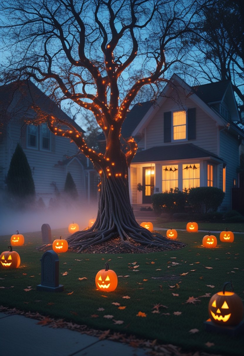 A front yard at dusk with a large glowing tree surrounded by pumpkins and Halloween decorations.