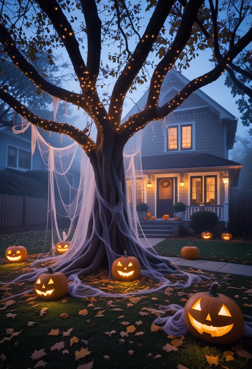 A front yard at dusk with a glowing eerie tree surrounded by carved pumpkins, cobwebs, and autumn leaves, with a decorated house in the background.