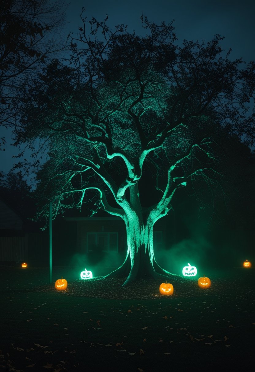 A large eerie tree glowing green in a dark front yard with Halloween decorations and fog.