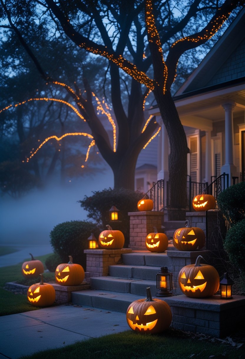 A front yard at night decorated with glowing carved pumpkins, lanterns, and an eerie illuminated tree.