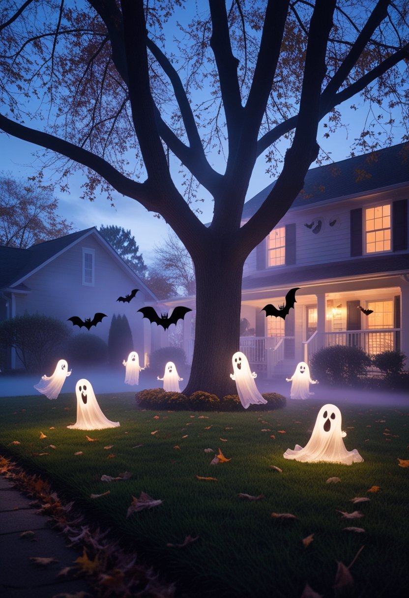 A front yard decorated for Halloween with a glowing tree, floating ghost decorations, and bats flying around.