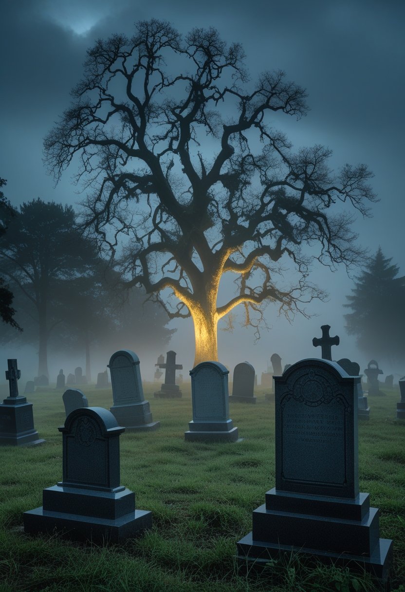 A foggy graveyard with tombstones and a glowing tree surrounded by mist.