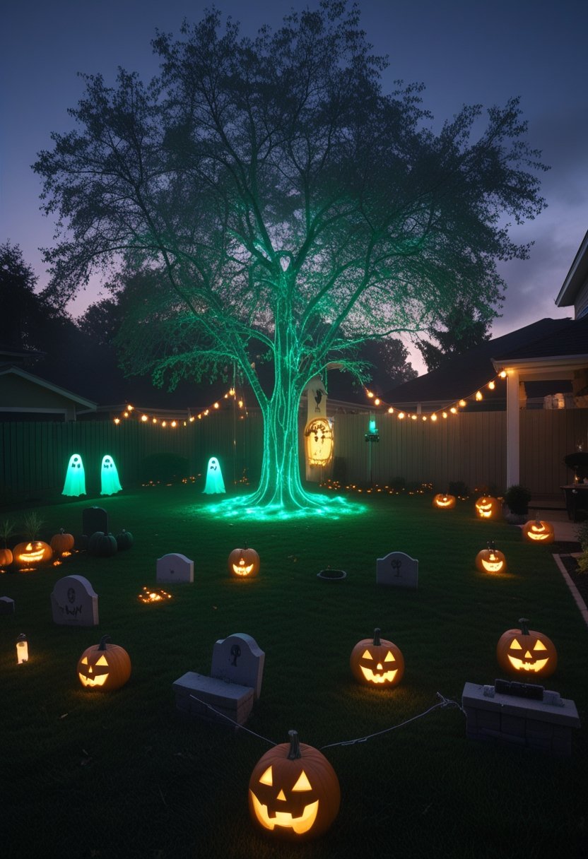 A front yard decorated with a glowing eerie tree, pumpkins, tombstones, hanging ghosts, and Halloween lights creating a spooky outdoor scene.