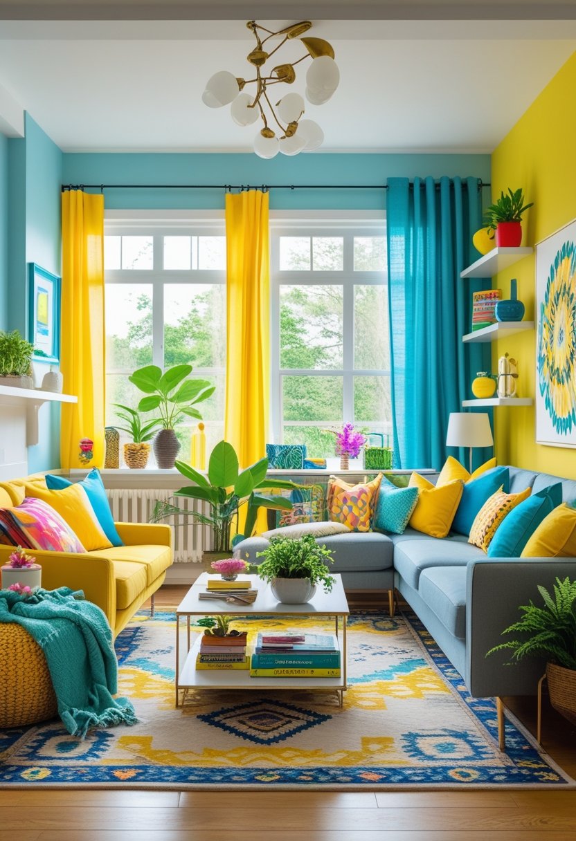 A bright living room with a colorful sofa, coffee table, plants, and large windows letting in natural light.