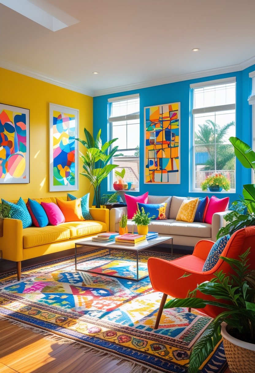 A brightly lit living room with colorful furniture, decorative pillows, plants, and large windows letting in natural light.