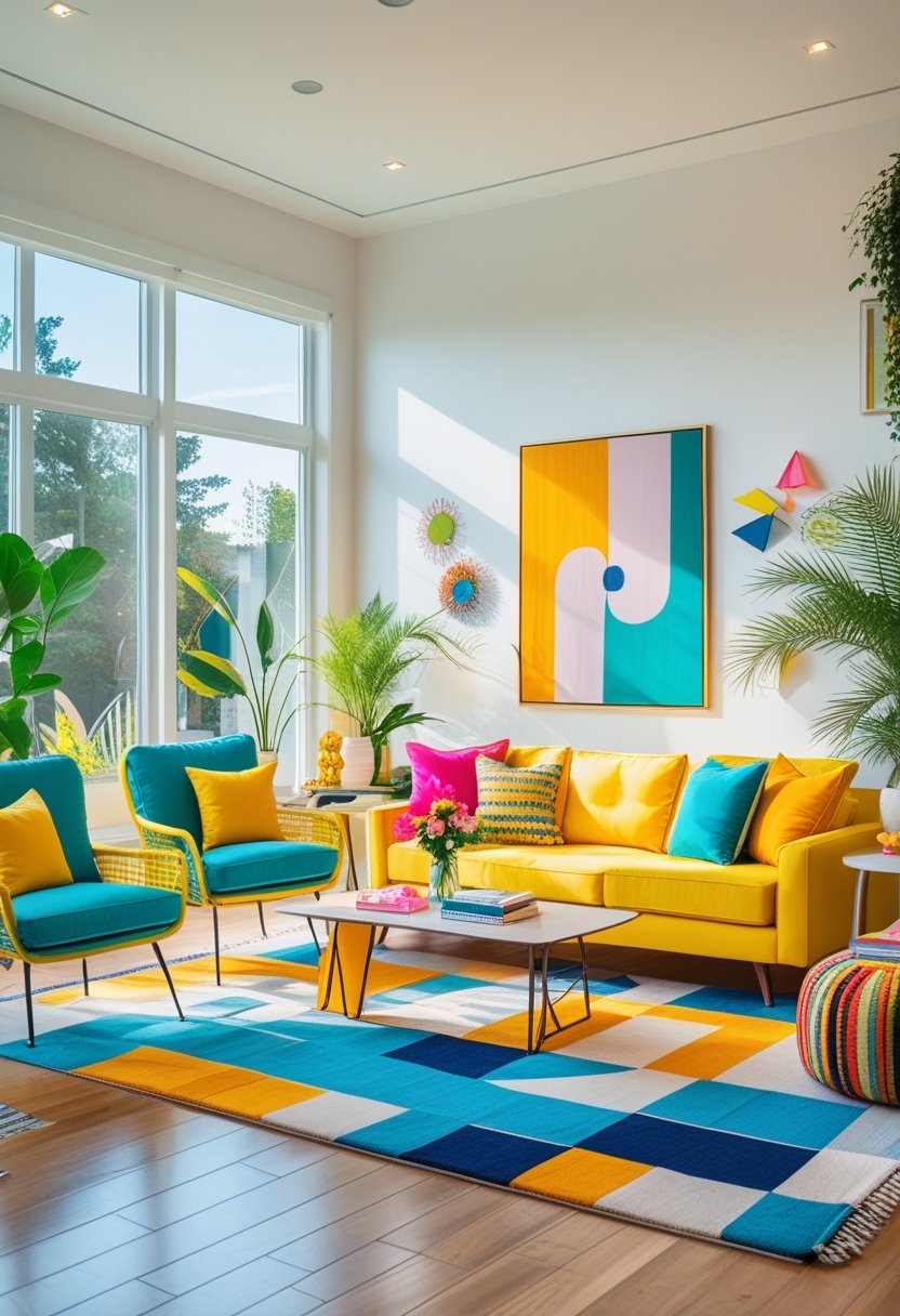 A bright and colorful living room with a yellow sofa, turquoise chairs, plants, and decorative accessories bathed in natural light.