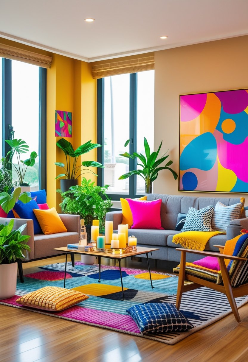 A bright living room with colorful cushions, plants, artwork, and natural light creating a warm and inviting atmosphere.