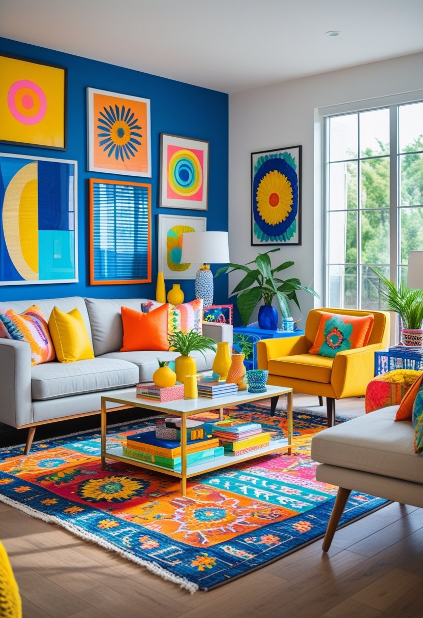 A bright and colorful living room with vibrant cushions, patterned rug, modern furniture, and large windows showing greenery outside.
