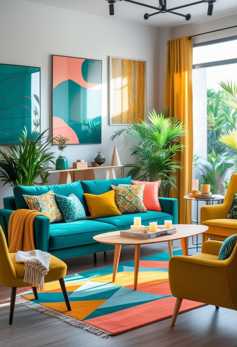 A bright living room with a teal sofa, yellow armchair, colorful cushions, indoor plants, and large windows letting in natural light.
