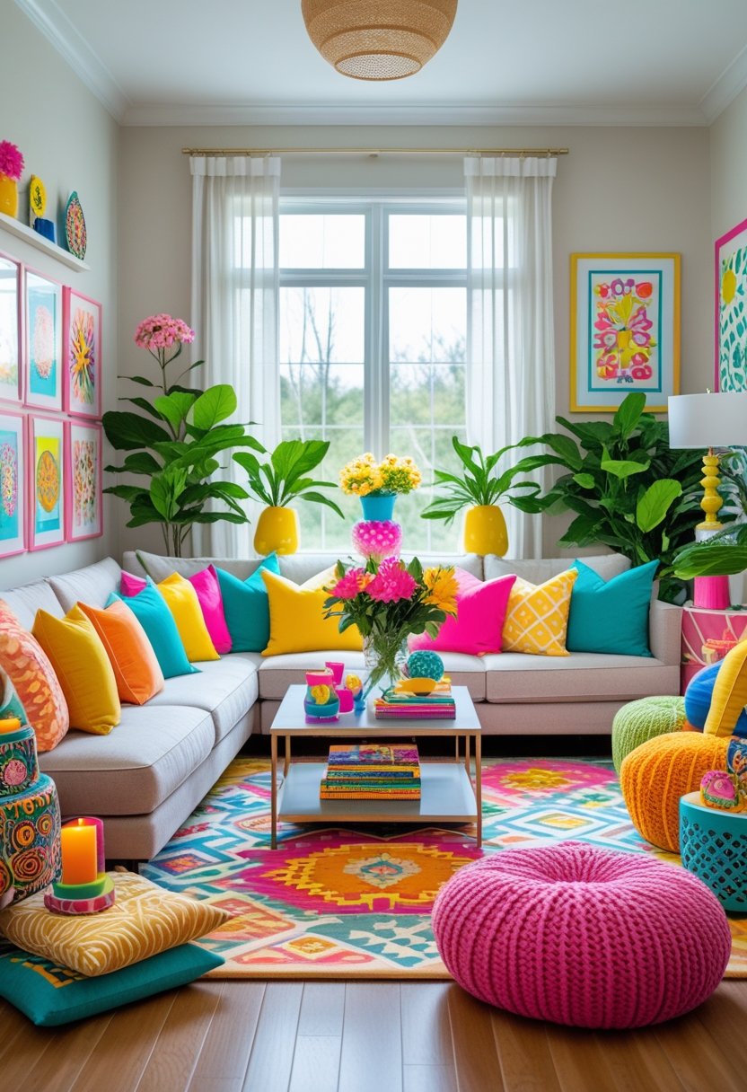 A bright living room with a colorful sofa, vibrant pillows, artwork on the walls, indoor plants, and natural light coming through large windows.
