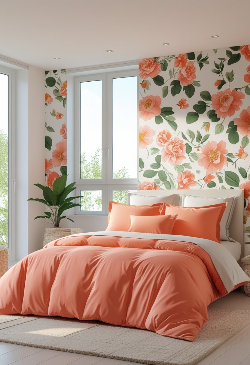 A bright bedroom with coral bedding and floral decorations, illuminated by natural light.