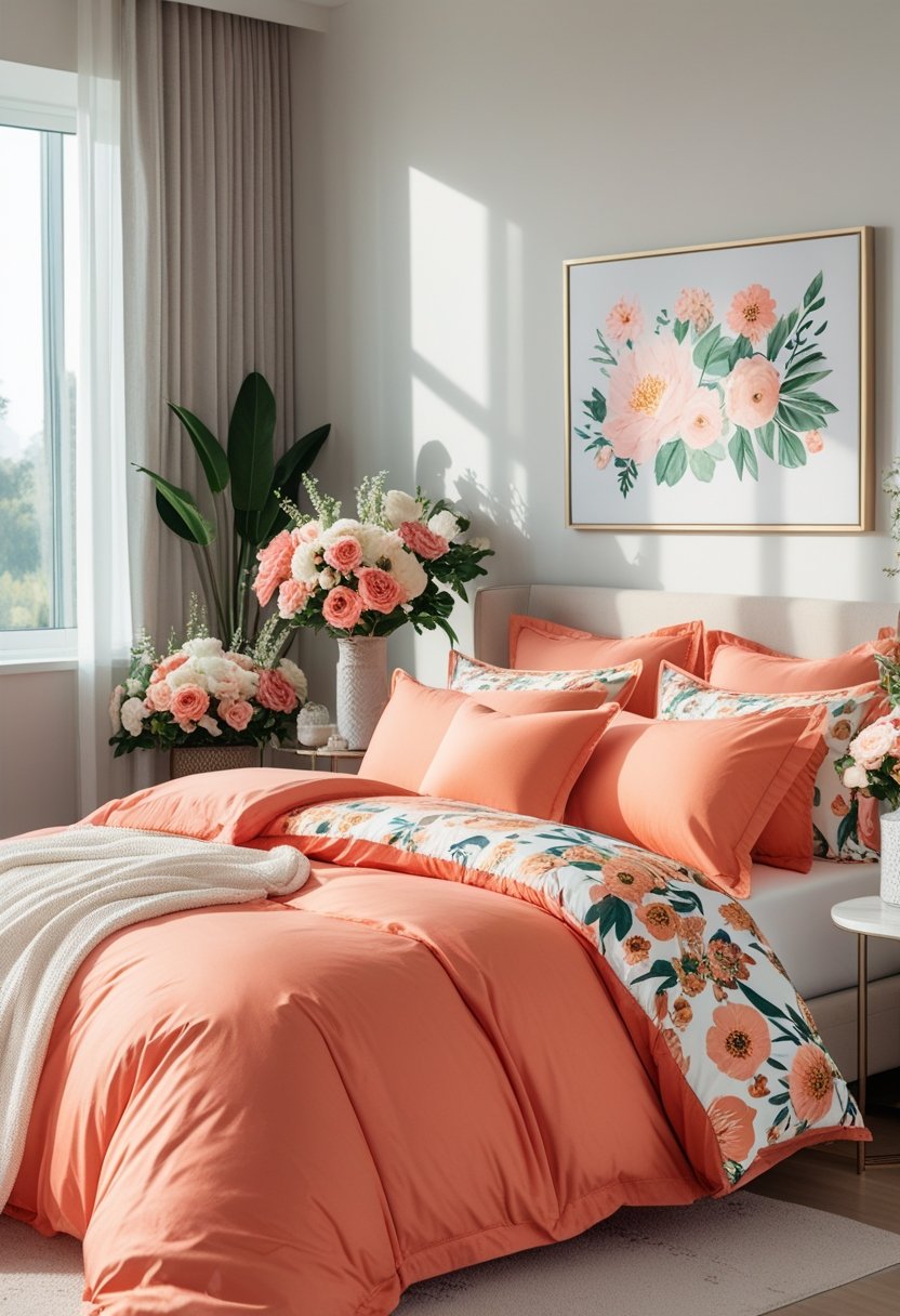 A bedroom with a bed covered in coral bedding, floral decorations on bedside tables, and natural light coming through large windows.