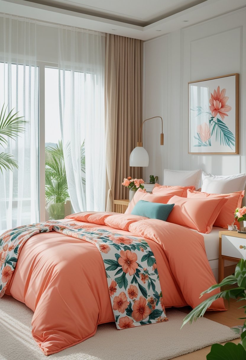 A bright bedroom with coral bedding, floral accents, a wooden nightstand with flowers, and natural light coming through a window.