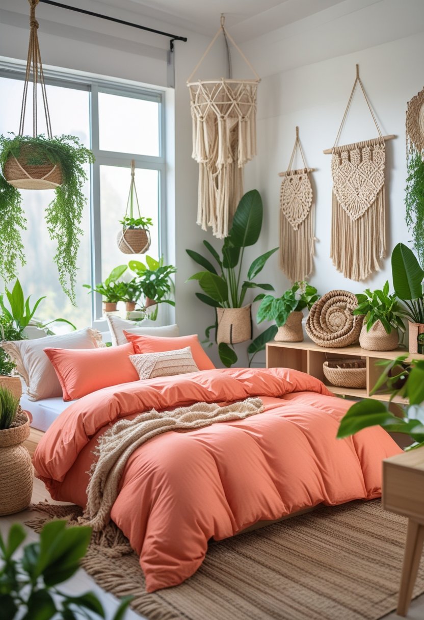 A bright bedroom with a bed covered in coral bedding surrounded by green plants and wooden furniture.