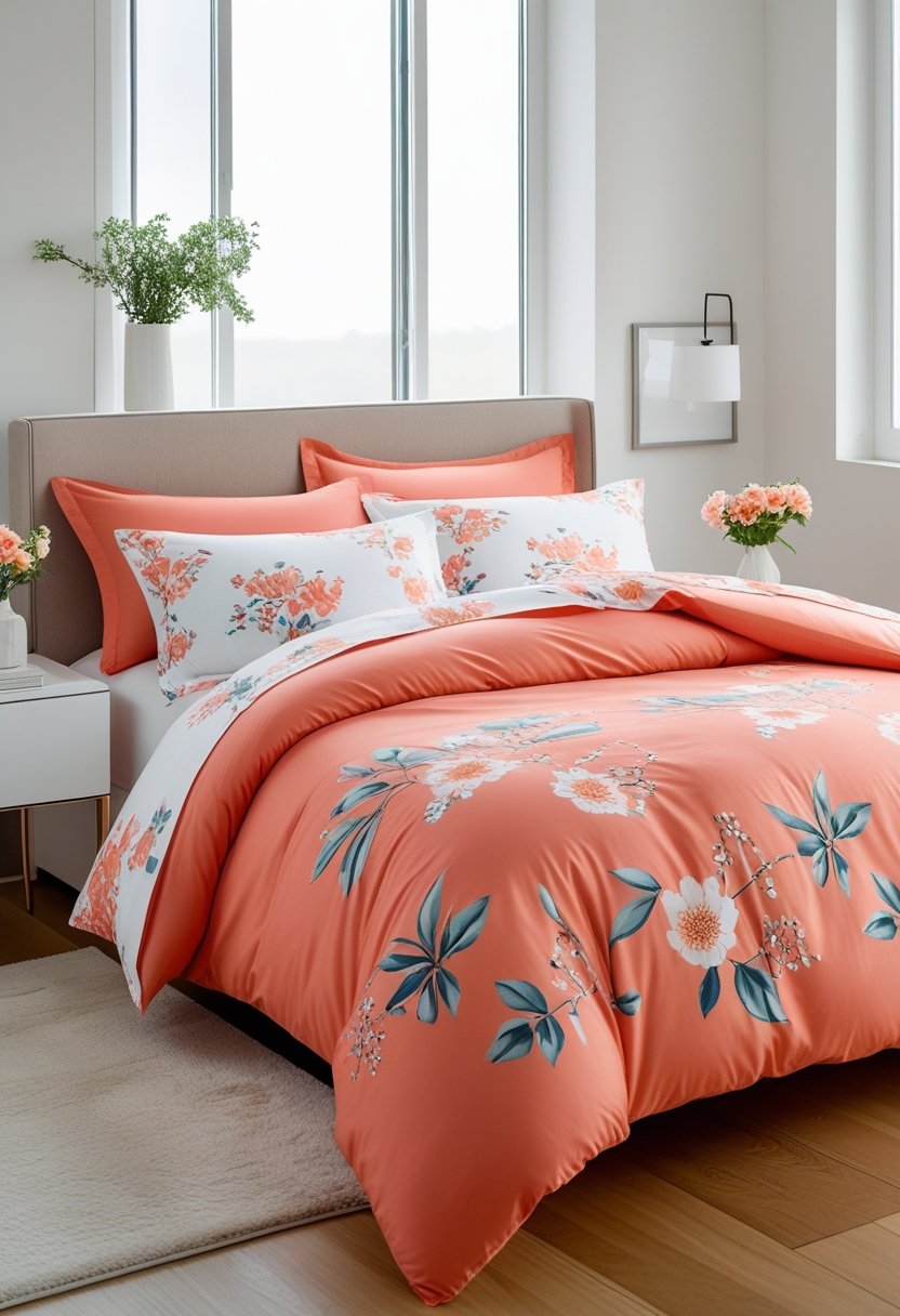 A bright bedroom with a neatly made bed featuring coral-colored floral bedding and natural light coming through large windows.