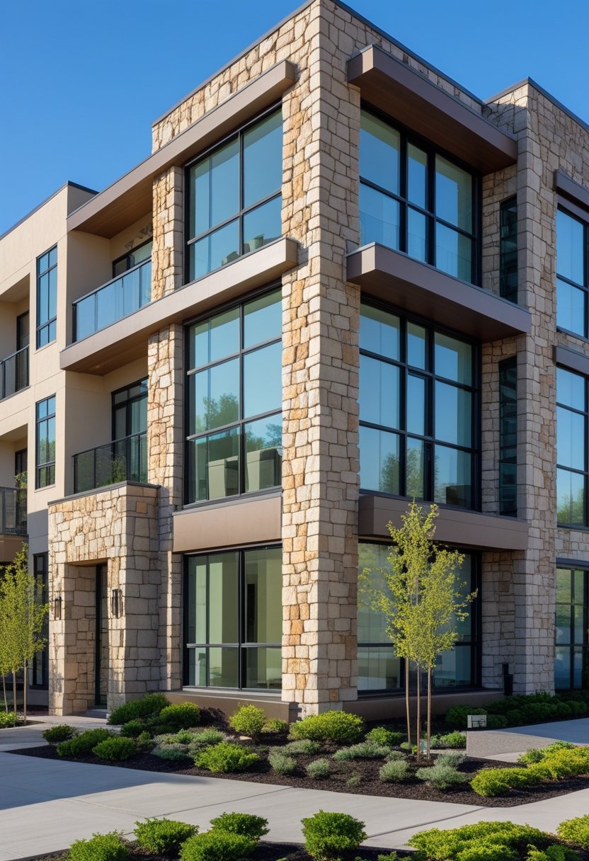 An apartment complex with large windows and stone walls surrounded by greenery under a clear blue sky.