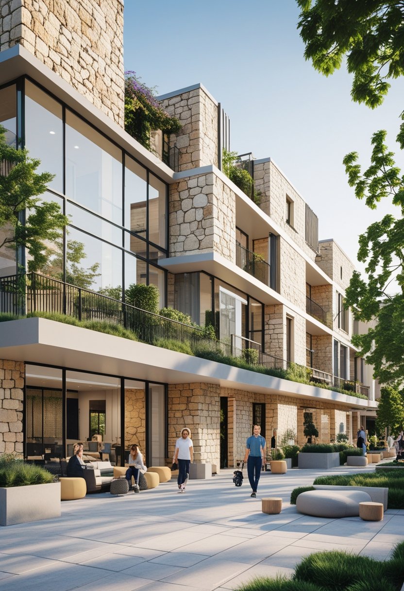 An apartment complex with large windows and stone walls surrounded by greenery and people outdoors.