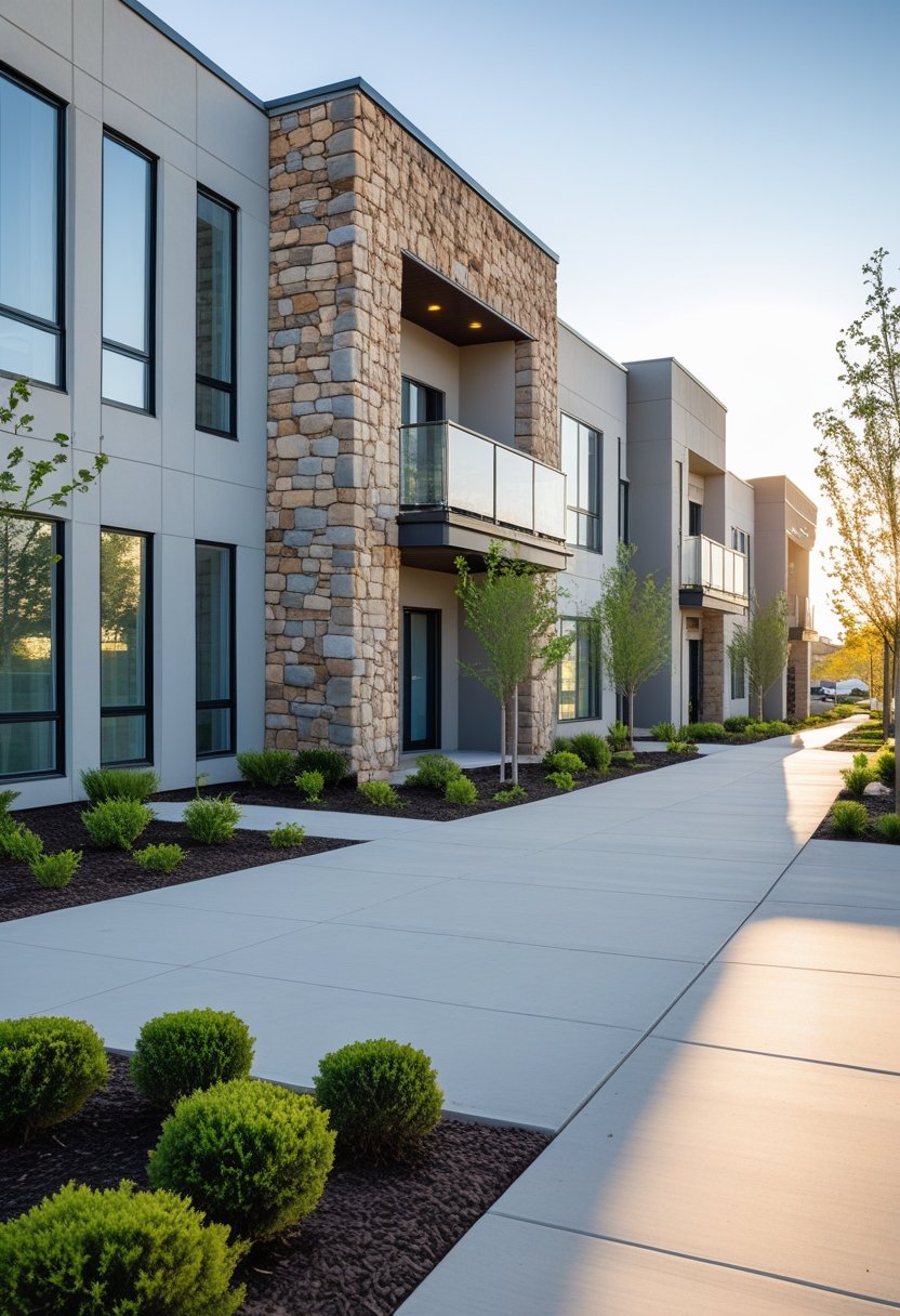 Exterior view of a modern apartment building with stone and concrete walls, large windows, balconies, and surrounding greenery.