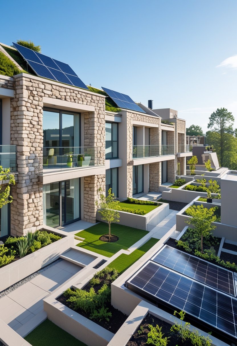An apartment complex with modern and stone architecture surrounded by greenery under a clear sky.
