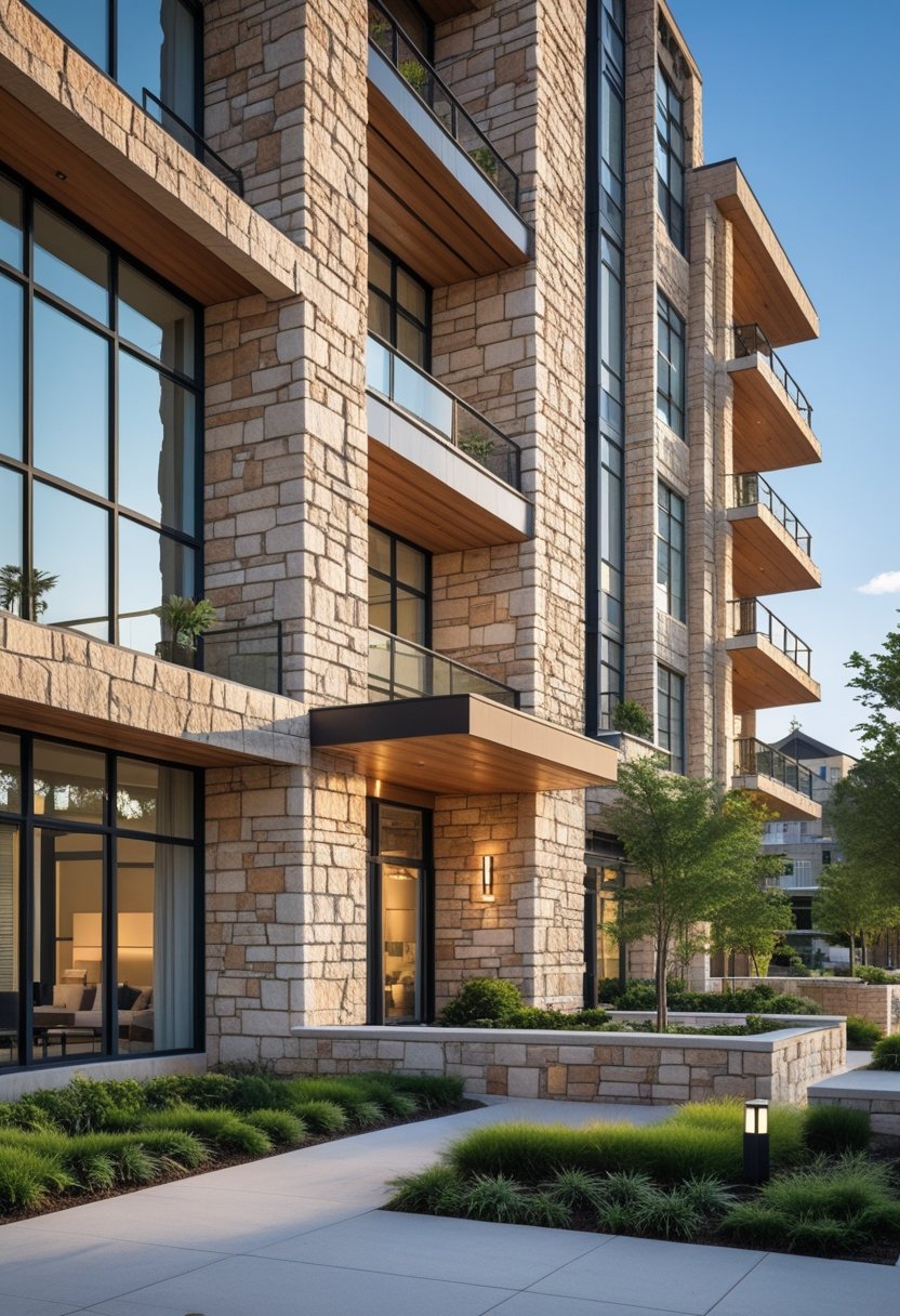 Apartment complex with stone facades, large windows, greenery, and balconies under a clear sky.