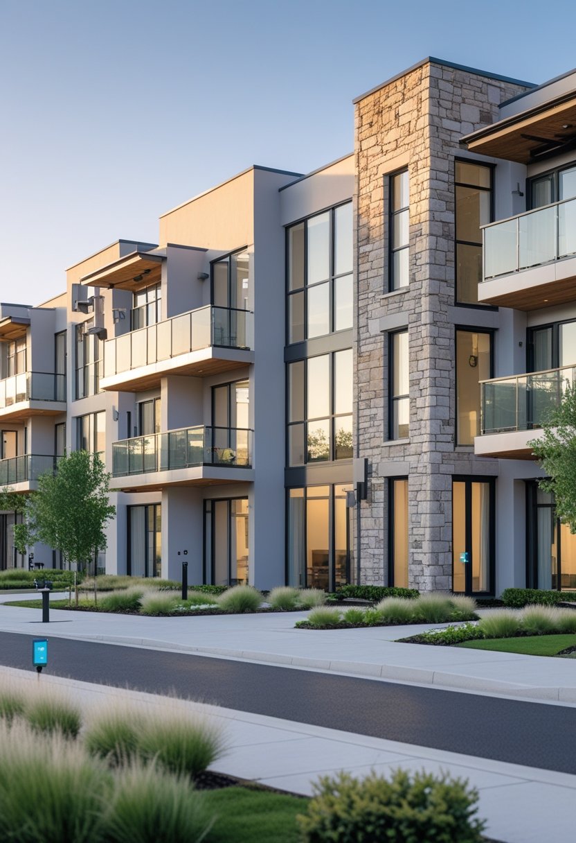 A modern apartment complex with stone and glass elements surrounded by greenery.