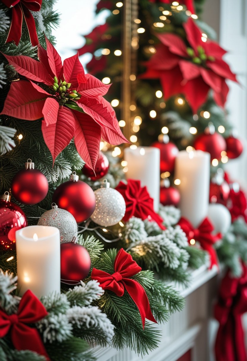 A festive holiday scene with red and white Christmas decorations including poinsettias, ornaments, ribbons, pine branches, and candles.