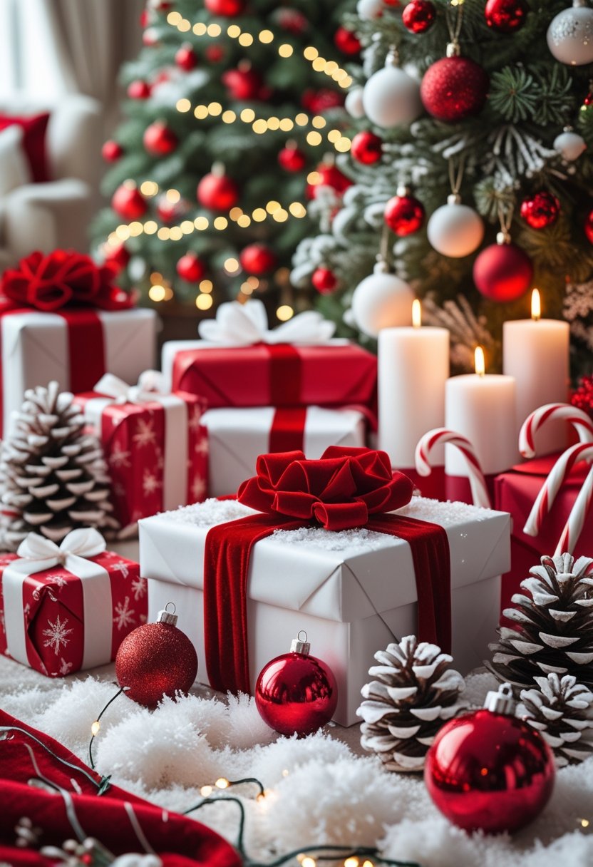 A festive Christmas scene with red and white decorations, a decorated tree, wrapped gifts, and glowing lights.