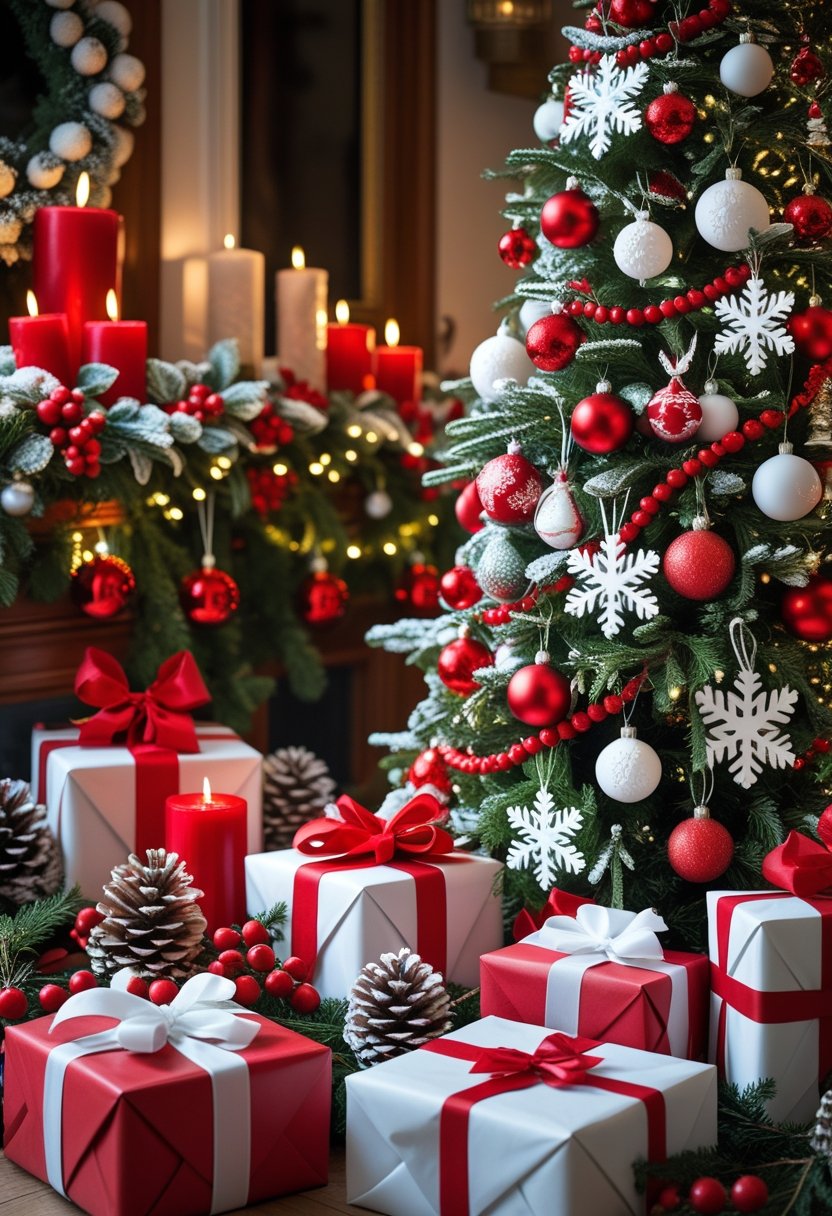 A Christmas scene with a decorated tree, red and white ornaments, wrapped gifts, candles, pine cones, and garlands creating a festive holiday atmosphere.