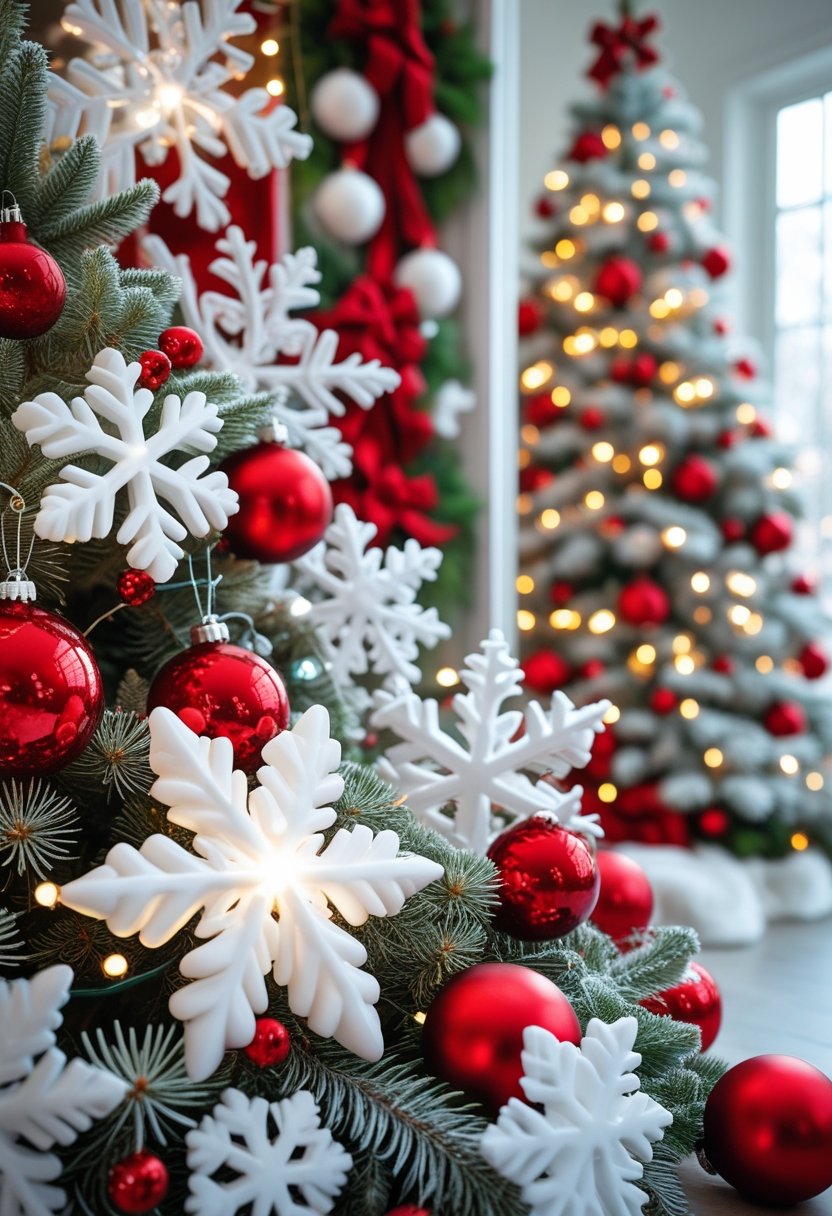 A festive Christmas scene with white snowflakes, frosted pine branches, red ornaments, and ribbons creating a winter holiday atmosphere.