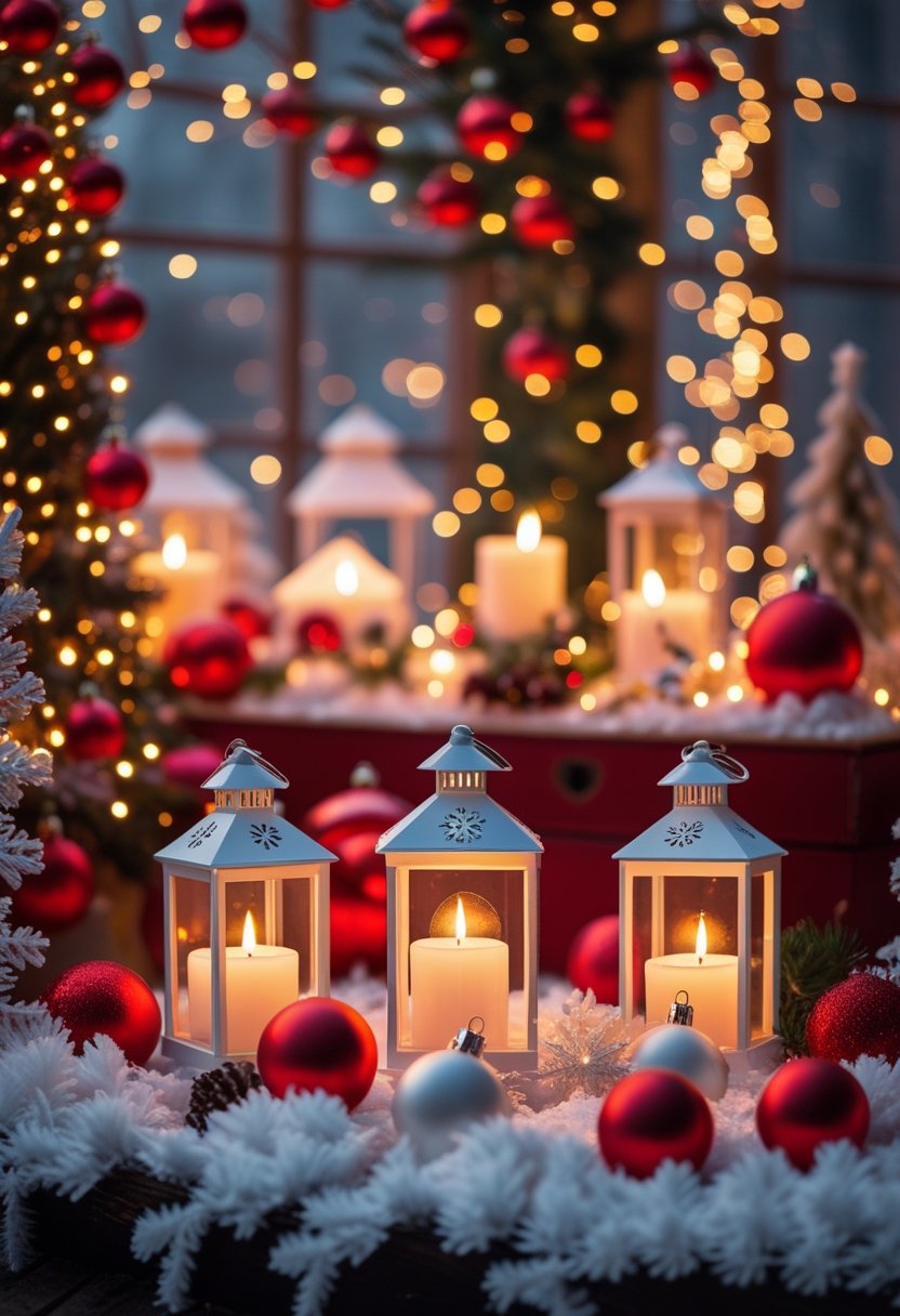 A cozy holiday scene with glowing lanterns, candles, and red and white Christmas decorations illuminated by festive lights.