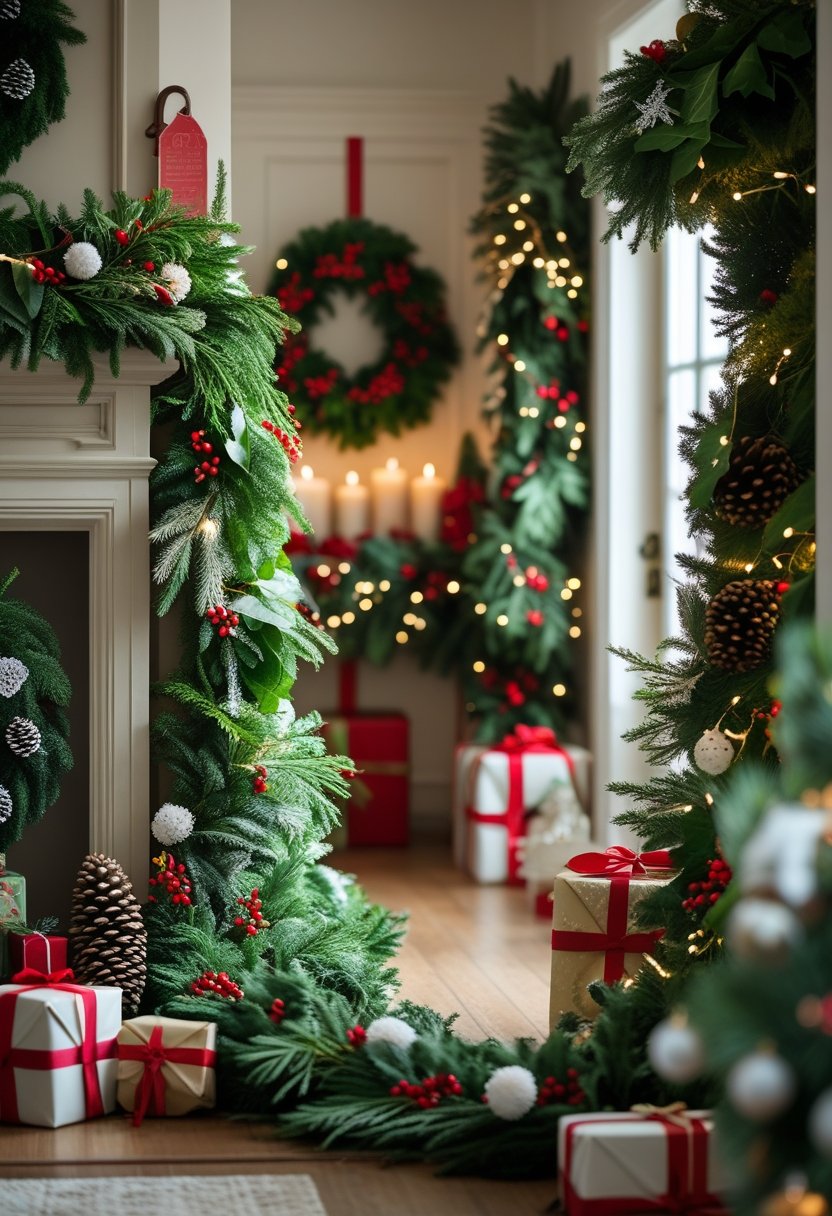 A cozy room decorated with green garlands and wreaths featuring red and white holiday accents.