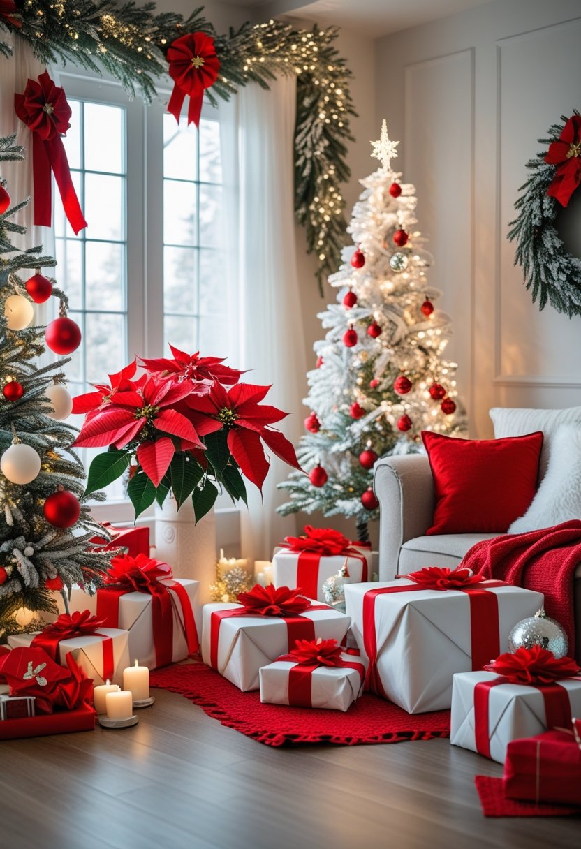 A cozy indoor Christmas scene with a decorated tree featuring red and white ornaments, red poinsettias, white candles, and wrapped gifts.