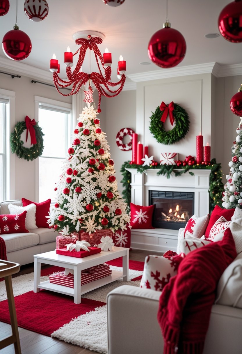 A living room decorated for Christmas with a large red and white Christmas tree, festive ornaments, cozy seating, and holiday decorations.