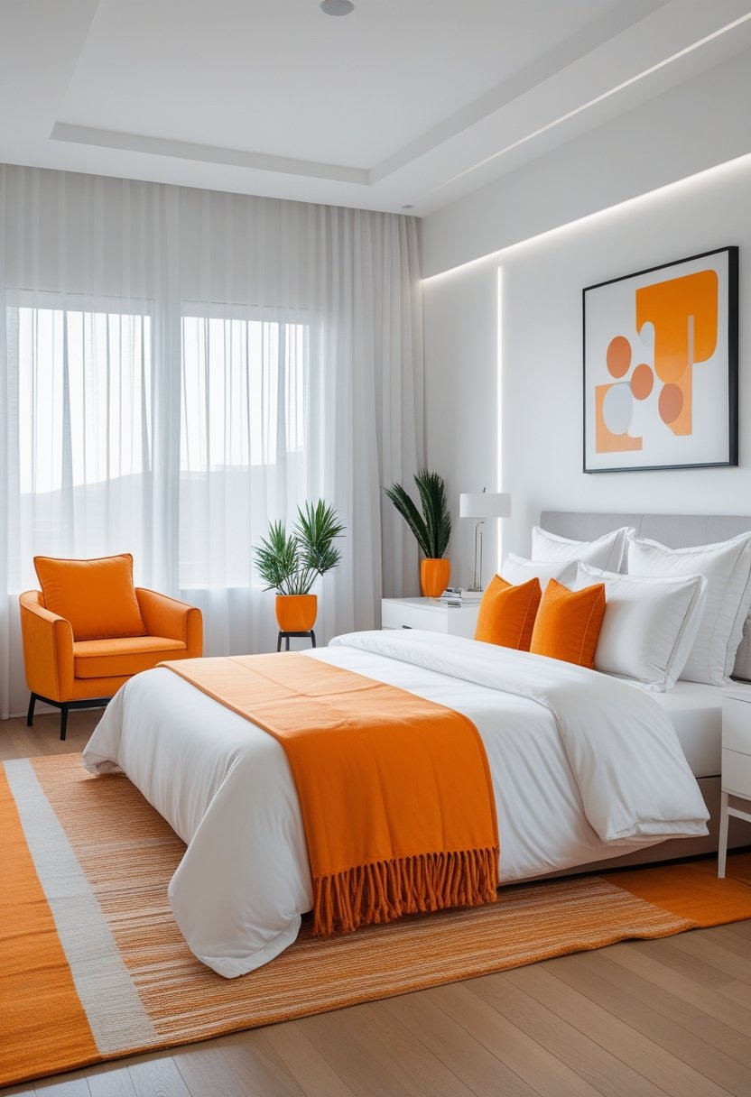 A bedroom with a bed, orange and white bedding, a chair, bedside table, and large windows letting in natural light.