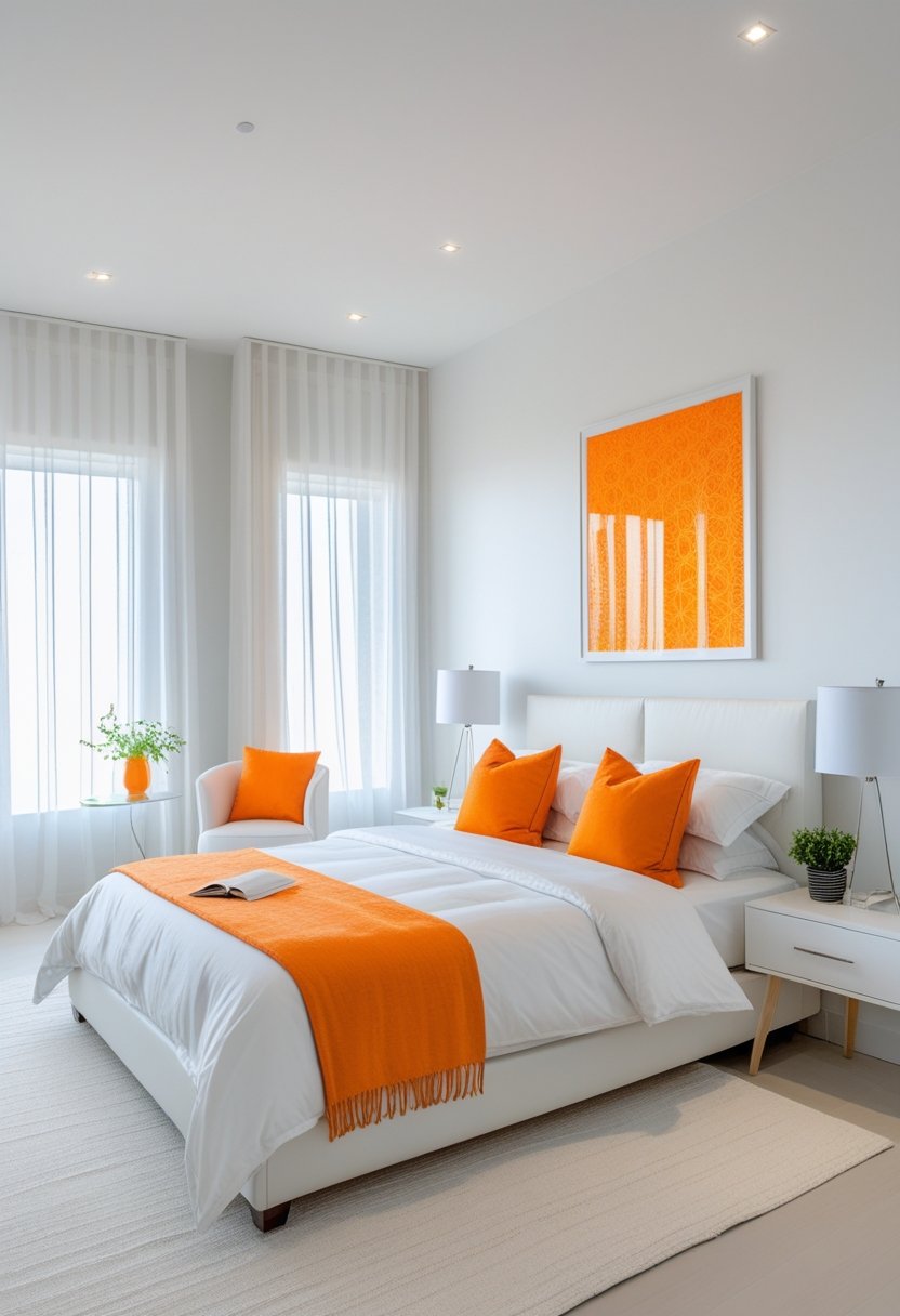 A bright bedroom with a bed, orange and white bedding, a bedside table with a lamp and plant, and large windows letting in natural light.