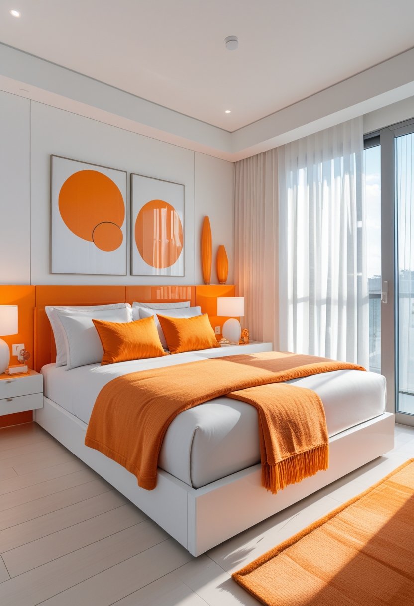 A bedroom with a white bed, orange pillows and blanket, orange decorative accents, and natural light coming through large windows.