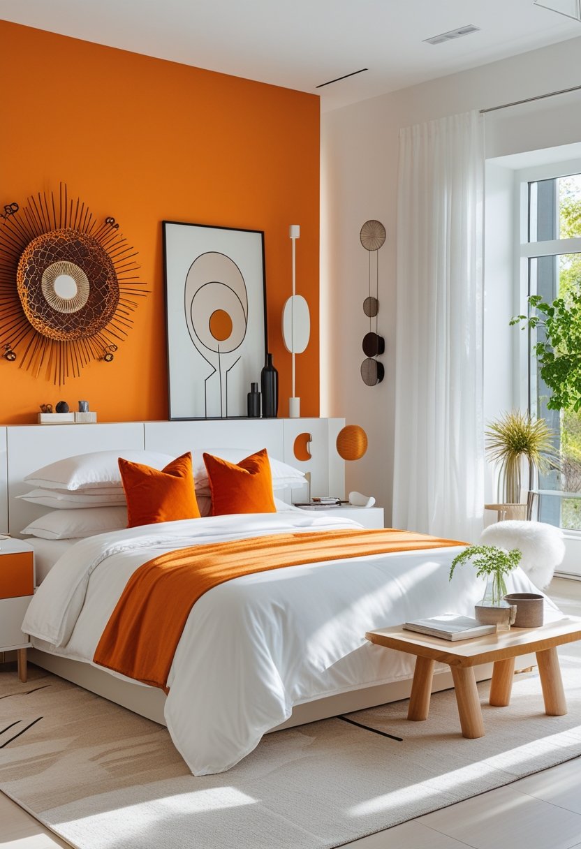 A modern bedroom with an orange accent wall, a neatly made bed with white and orange bedding, and large windows letting in natural light.