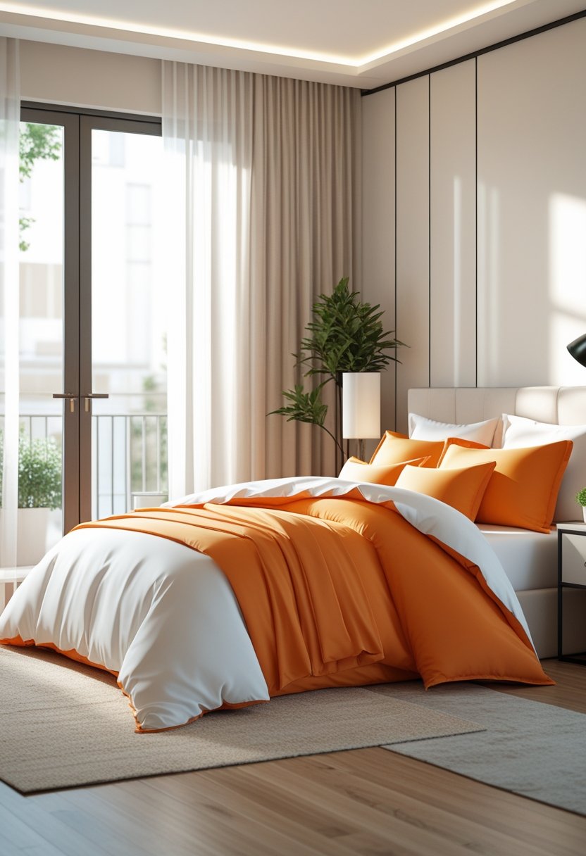 A bedroom with a bed made up in orange and white bedding, natural light coming through the windows, and simple modern furniture.