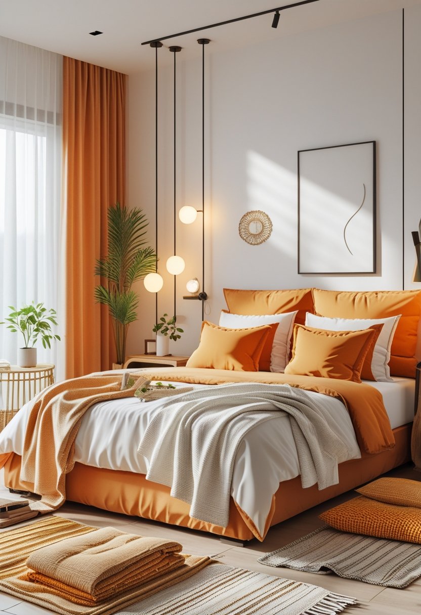 A bedroom with a bed covered in orange and white bedding, layered rugs on the floor, a bedside table with a plant, and soft natural light coming through curtains.