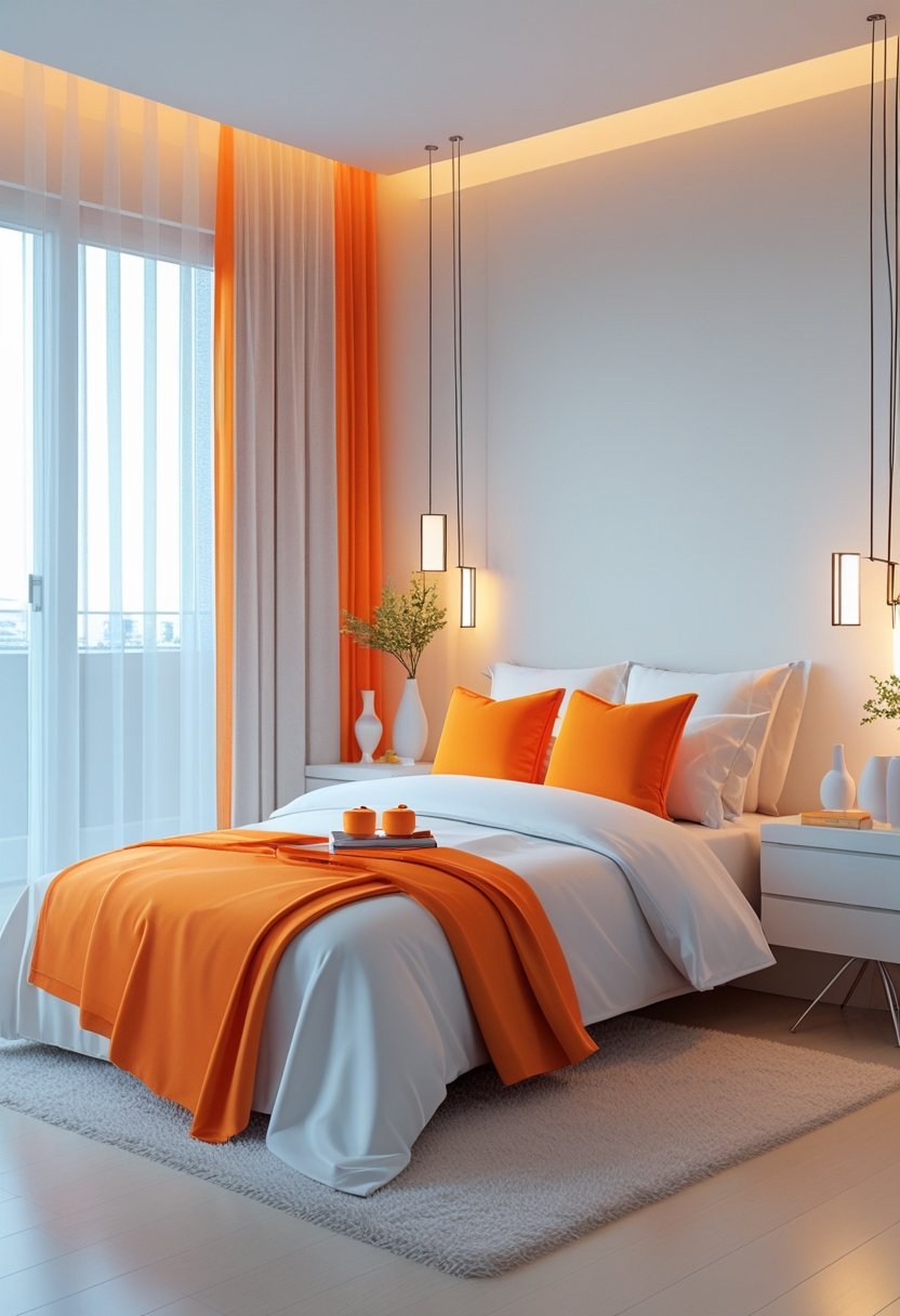 A bedroom with a bed featuring white and orange bedding, nightstands with lamps, and modern decorative items in a bright, well-lit room.